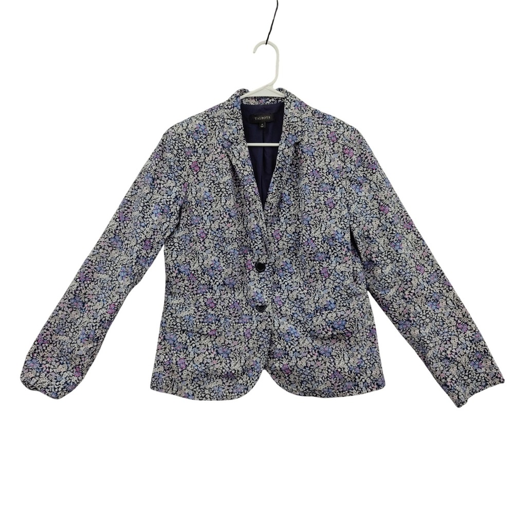 Talbots Womens Cottage Botanical Grandmacore Floral Blazer 14 Navy Cotton Jacket